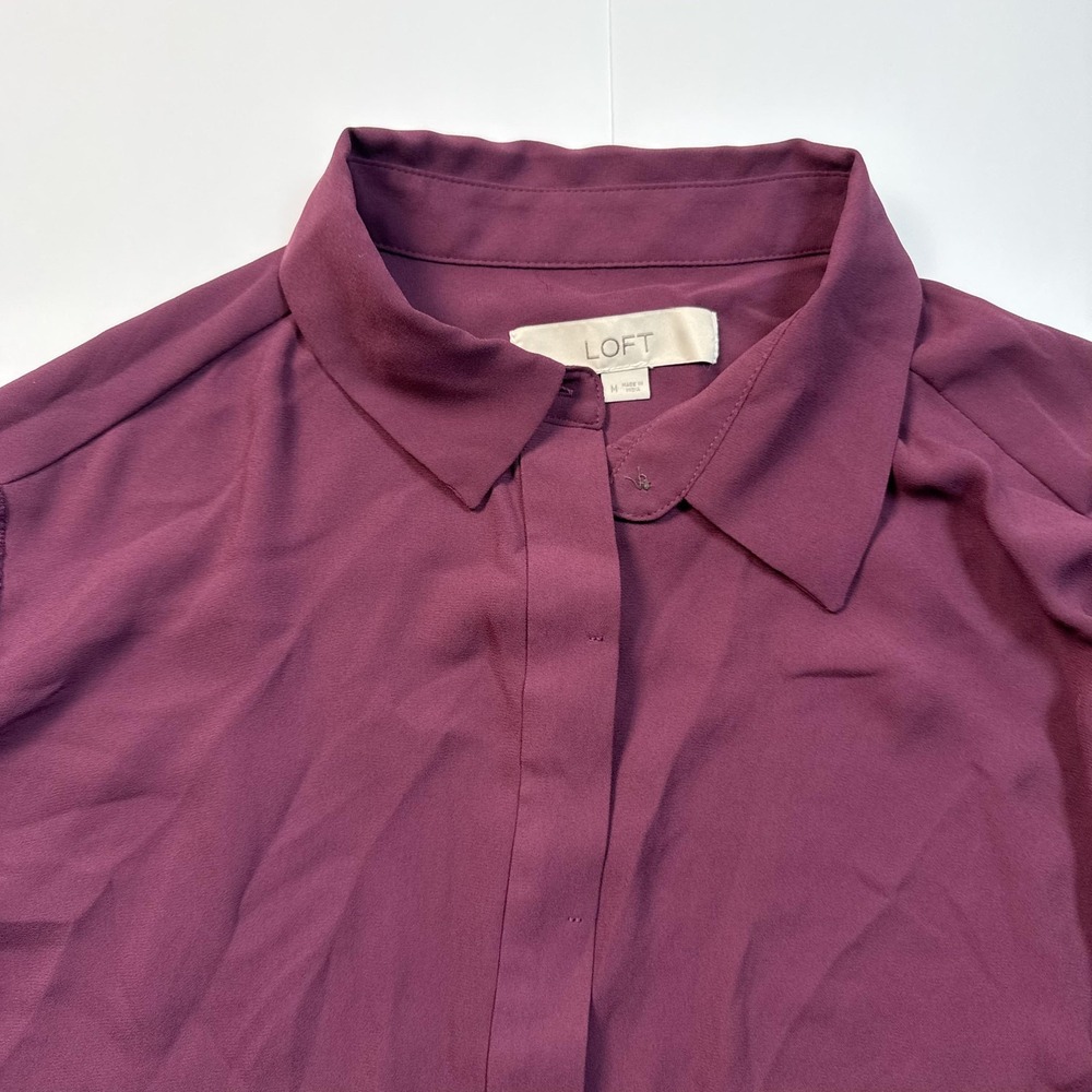 LOFT Blouse Womens Medium Burgundy Collared Button Front Sheer Lace Long Sleeve - Picture 3 of 8